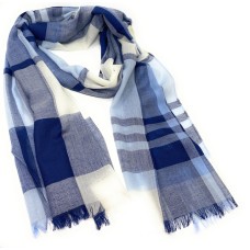 90% Wool 10% Cashmere Lightweight Oversized Scarf - Blue & White Check - V1